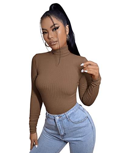 SweatyRocks Women's Long Sleeve Turtleneck Ribbed Knit Pullover Sweater Top Plain Brown S