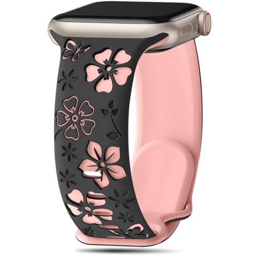 CreateGreat Floral Engraved Band Compatible with Apple Watch Band 40mm 41mm 38mm, Two-Tone Soft Silicone Cute Flower Sport Strap for iWatch Bands Women Series 9 8 7 6 5 4 3 2 SE,Ultra/2-BK/PK