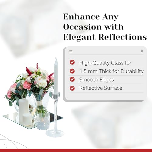 10 Inch Square Mirror Plate, Set of 12 - 1.5mm Thick Glass Plate Mirror Tiles w/ Smooth Edges - Perfect Candle Wedding Centerpiece Table Decorations, Home Accent Wall Decor, & More - PARNOO