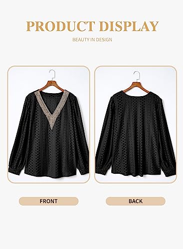 Eytino Womens Plus Size Tops V Neck Long Lantern Sleeve Casual Loose Blouses Office Shirts,1X Black