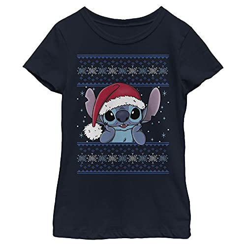 Disney Lilo Holiday Stitch Wearing Santa Hat Girl's Solid Crew Tee, Navy Blue, X-Small