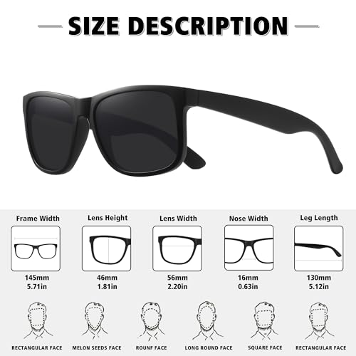 STORYCOAST Classic Polarized Sunglasses for Men Women Retro Square Shades UV400 Protection Matte Black Frame/Gray Lens