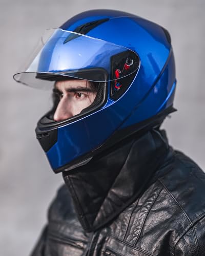 ILM Full Face Motorcycle Street Bike Helmet with Removable Winter Neck Scarf + 2 Visors DOT Model-JK313 (S, Blue)