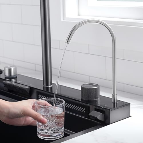 Lefton 29.5"x 18.25" 304 Stainless Steel Kitchen Workstation Sink with Pull-down Faucet, Waterfall & Rainfall Outlet, Temperature Display in Tempered Glass, Grey, KS2206