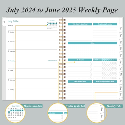 2024-2025 Planner - A5 To Do List Planner from July 2024 - June 2025, 6.4" x 8.5" with Flexible Cover, Tabs, Inner Pocket, Black Flowers