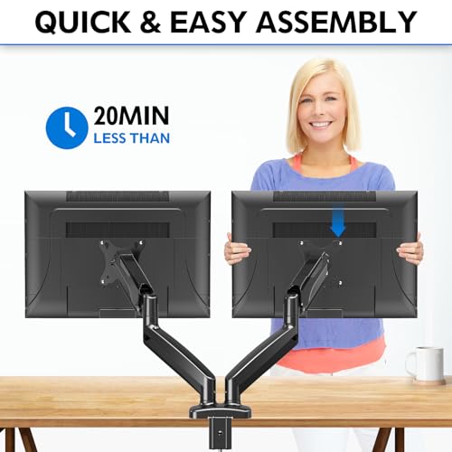 MOUNTUP Dual Monitor Stand for Desk, Adjustable Gas Spring Double Monitor Mount Holds 4.4-17.6 lbs and 13-32 Inch Screens, Monitor Arms for 2 Monitors, VESA 75x75 100x100 with C-clamp& Grommet, Black