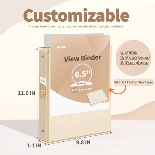 SUNEE 3 Ring Binder 1/2 Inch 4 Pack, Clear Half Inch View Binder Three Ring 0.5" PVC-Free (Fit 8.5x11 Inches) for School Slim Binder or Office Thin Binder Supplies, Neutral Aesthetic Binder