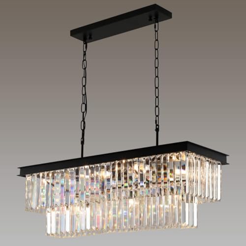 Weesalife Crystal Chandeliers for Dining Room 11-Light Black Modern Chandelier Rectangle Contemporary Pendant Light Fixture for Kitchen Island Bar