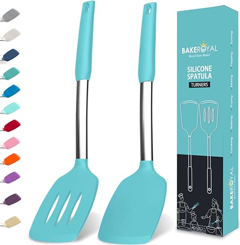 BakeRoyal Silicone Spatula Set - Turner Spatulas Silicone Heat Resistant 600°F - Slotted & Solid Silicone Spatulas for Cooking Fish, Eggs, Pancakes Flipper – Silicone Cooking Utensils Set – Aqua