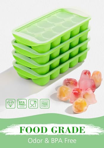 DOQAUS Ice Cube Tray with Lid and Bin, 4 Pack Ice Trays for Freezer, Easy Ice Pop Out Silicone Ice Cube Trays for Freezer with Cover, Stackable Storage Compact Ice Bucket Kits for Popsicles