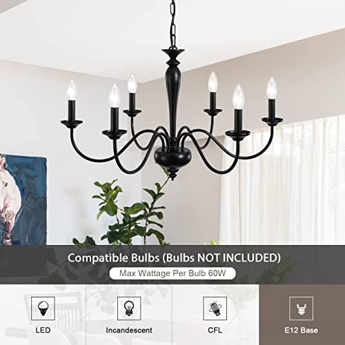 QAREHL Black Chandelier for Dining Room 6 Light Rustic Industrial Farmhouse Lighting Fixtures Hanging Candlestick Chandeliers for Living Room, Foyer, Bedroom, Office, Bar,Island Lights