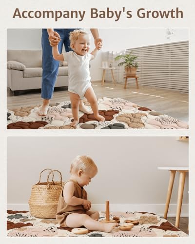 Blissful Diary Portable Baby Play Mat, Thicken Cushioned Baby Mat for Floor, Foldable Baby Crawling Mat for Indoor Outdoor, Non-Slip & Washable Kids Play Mat for Tummy Time Activity, Boho 43" X 43"