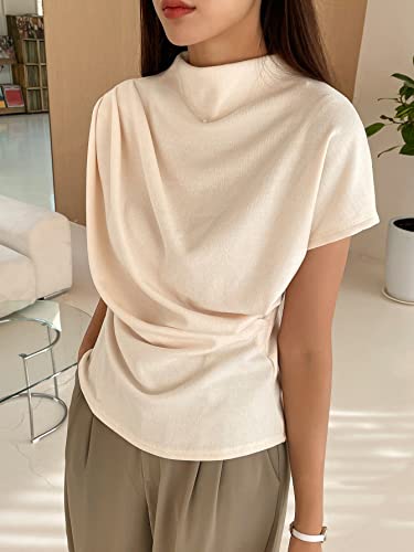 SweatyRocks Women's Casual Short Sleeve Mock Neck Tee Top Asymmetric Ruched Plain T Shirt Beige S