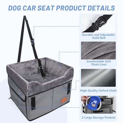 JOEJOY Small Dog Car Seat for Small Dogs, Portable Puppy Dog Booster Seat for Car with Clip-On Safety Leash, Adjustable Straps Perfect for Small Pets Up to 25lbs (Grey)