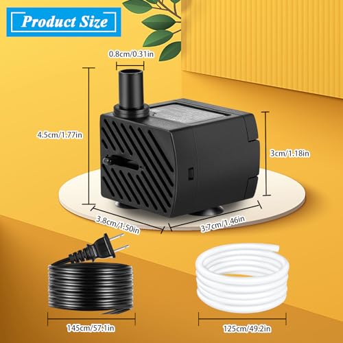 pamaner Submersible Pump, Small Fountain Pump with Tubing, Submersible Water Pump for Aquarium Fish Tank Indoor or Outdoor Pond Fountain Hydroponics Statuary (3W 50GPH, No Led Light)