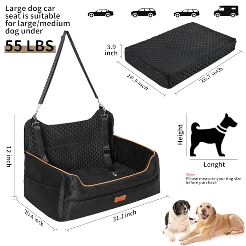 Dog Car Seat for Large/Medium Dog - Memory Foam Dog Booster Seat for Dogs Under 55Lbs or 2 Small Dogs-Detachable and Washable Travel Bed Dog Seat with Thick Cushion and Storage Pockets-Black