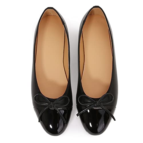 VivaLaver Women's Cap Toe Ballet Flats Two Tone Bow Flats Round Toe Shoes for Women Slip on Casual, Work, Dress Flats Pumps for Women Black Size 11