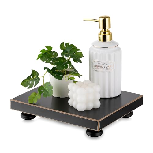 Hanobe Bathroom Pedestal Stand Risers: Black Decorative Display Tray Modern Large Wood Riser Decor for Coffee Table Kitchen Countertop Organizer Rectangle 9.6" x 7.8"