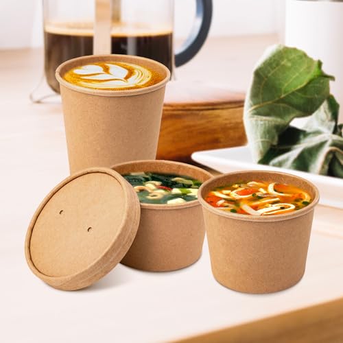 PakTalk Paper Soup Containers with Lids, 50 Pack Brown Soup Bowls Biodegradable Ice Cream Cups with LidS for Hot Soup or Ice Cream (50 sets, 8 oz)