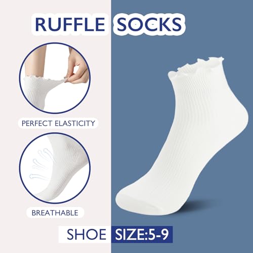 Hstyle Ruffle Socks Women, Ruffle Turn-Cuff Casual Cute Girl Ruffle Socks Breathable Cool Ruffle Ankle Socks 6 Pairs of Black