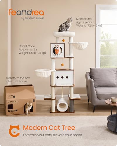 Feandrea Cat Tree, 64.5-Inch Tall Modern Cat Tower for Large Indoor Cats, Multi-Level Cat Condo with 2 Caves, 2 Hammocks, 4 Scratching Posts, Self-Groomer, Tunnel, Perch, Rustic Brown UPCT167K01