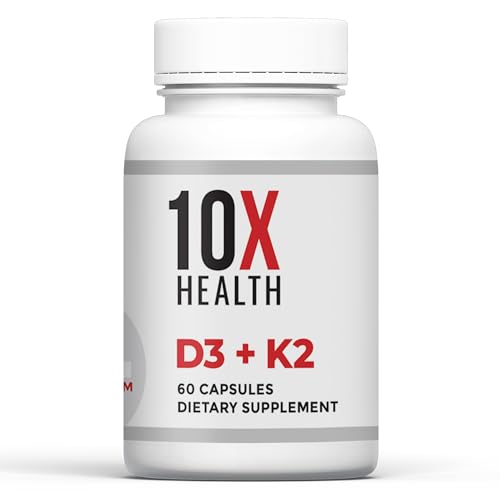 10X Health Vitamin D3 K2 - Loaded with 125 mcg Vitamin D and 90 mcg Vitamin K (Menaquinone 7) - D3 and K2 Supplements That Support Bone Health, Heart and Teeth - 60 Capsules