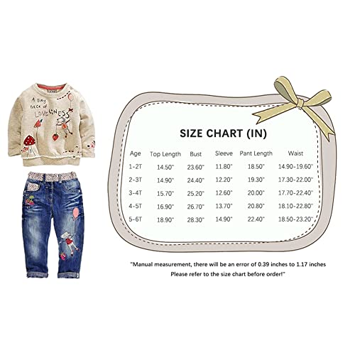 LUKYCILD Toddler Girl Clothes Baby Girl Long Sleeve Top + Jeans Pants with Pockets 2 Piece Outfit Cartoon Clothing Set