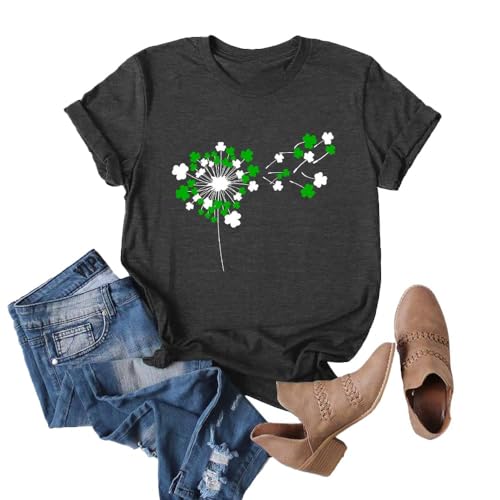 MK Shop Limited Women Shamrock Dandelion Graphic Shirt Cute St. Patrick's Day Shirts Summer Round Neck Short Sleeve Tee Tops