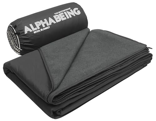 AlphaBeing Waterproof Outdoor Blanket with Merino Wool, Extra Thick Warm, Windproof, Packable Stadium Blankets for Cold Weather, Camping Gift, Pet, Car, Picnic, Concerts, 79" x 59", Black/Gray