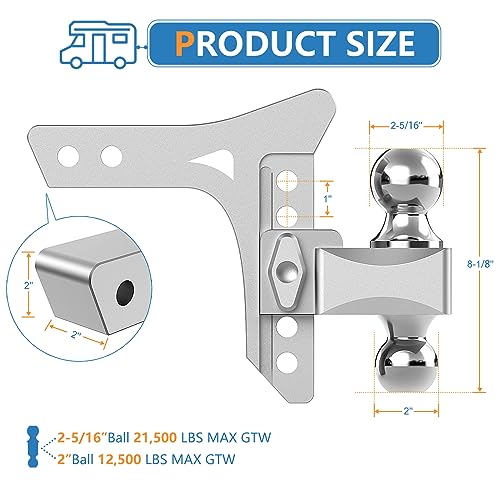 Tlvuvmo Adjustable Trailer Hitch -Drop Hitch (Fits 2-Inch Receiver), 6 Inch Drop/Rise, (21,500 LBS GTW) Heavy Duty Aluminum Tow Hitches, 2'' & 2-5/16'' Chrome Steel Tow Balls & 2 Anti-Theft Lock