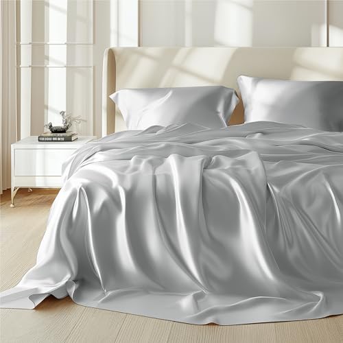 Bedsure Satin Sheets - Soft Satin Bed Sheets Queen Set, 4 Pcs Luxury Silky Sheets, Similar to Silk Sheets, Sage Green Satin Sheets Queen Size for Hair and Skin, Gifts for Women