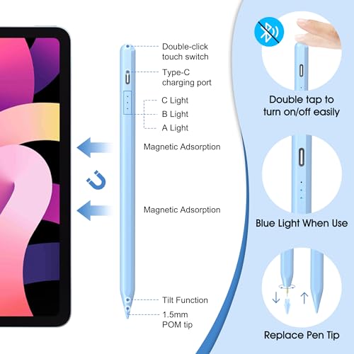 AOPCREZON Stylus Pen for iPad,Palm Rejection Tilt Sensitivity Fast Charging Pencil Work for 2018 Or Later iPad 10/9/8/7/6th Gen,Pro 12.9&11",Air 5th/4th/3rd Gen,4 Replacement Nibs (Blue)