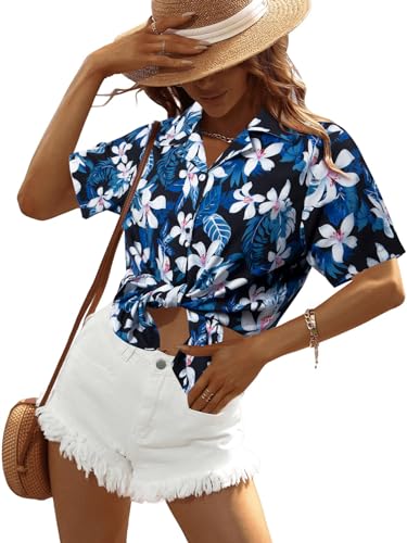 Women Hawaii Shirts: Soft Cool Floral Tropic Print V Neck Summer Tops Short Sleeve Button Up Tops T-Shirt Navy Blue