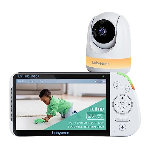 Babysense 5.5” 1080p Full HD Split-Screen Baby Monitor, Video Baby Monitor with Camera and Audio, PTZ Camera, RGB Night Light, 1000ft Range, Two-Way Audio, 4X Zoom, 5000mAh Battery