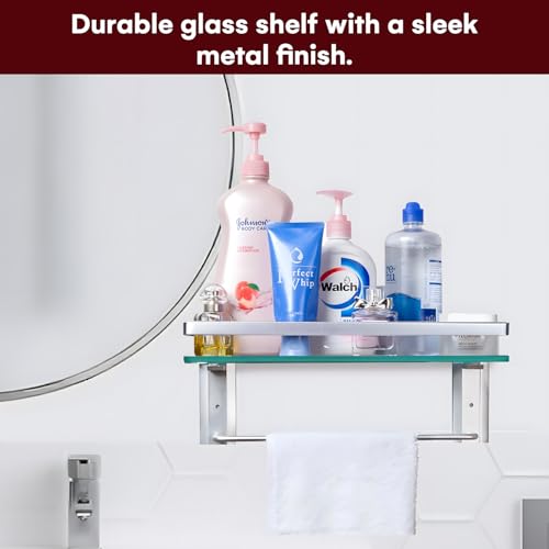 Vdomus Glass Bathroom Shelf with Hand Towel Bar, Rectangular Wall Mounted Bathroom Shelf Storage Extra Thick Tempered Glass, 15.2x4.5 inches with Brushed Silver Finish