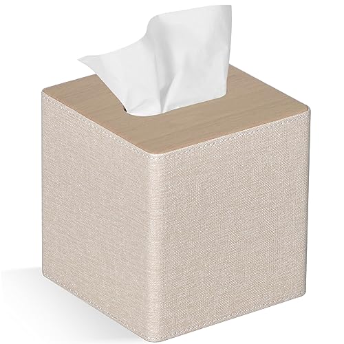 GOLRANLYE Tissue Box Cover Square PU Leather Facial Tissue Box Holder for Dresser Bathroom Decor (Beige)