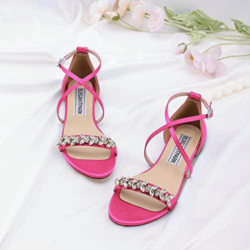 ELEGANTPARK FS2321 Hot Pink Sandals for Women Open Toe Comfortable Strappy Sandals Flats Rhinestones Summer Satin Wedding Evening Party Dress Flat Sandals US 7