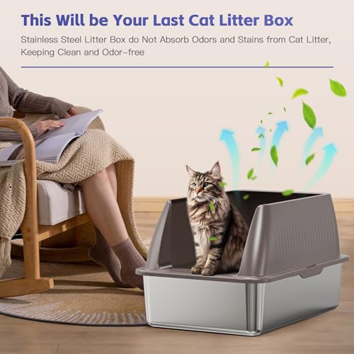Hobya 14" XL Stainless Steel Litter Box for Cats, Enclosed Metal Litter Box with Lid, Extra Large Kitty Litter Box with High Sides for High Peeing Cat, Easy to Clean, Non-Sticky, Including Scoop