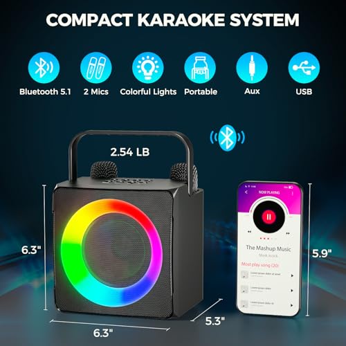 Verkstar Karaoke Machine, Portable Bluetooth Karaoke Speaker for Kids Adults, Unique Singing Machine with Two Wireless Microphones Storage Hole, Ideal Gifts for Girls Boys