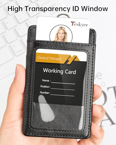 Teskyer Badge Holder with Lanyard, Leather ID Name Badge Card Holder with Lanyard for ID Badges, Vertical, Lychee Pattern Coffee