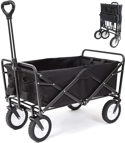 Collapsible Folding Outdoor Utility Wagon, Beach Wagon Cart with All Terrain Wheels & Drink Holders, Portable Sports Wagon for Camping, Shopping, Garden and Beach (Black/1 Year Warrant Extra Large)