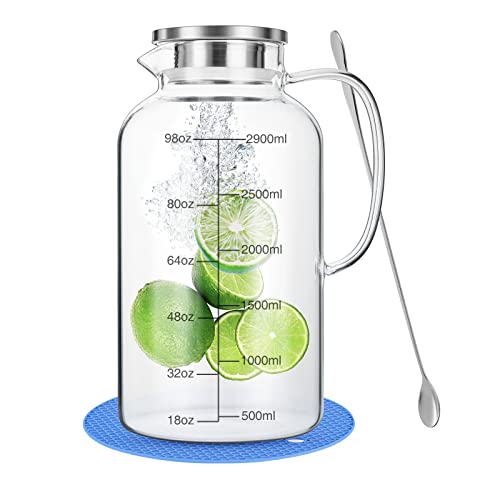 Hannadepot Glass Pitcher, Glass Water Pitcher with Lid, 118oz/0.92 Gallon Heat Resistant Borosilicate Glass Carafe with Pot Holder and Spoon Temperature Safe (118oz/3.5L)