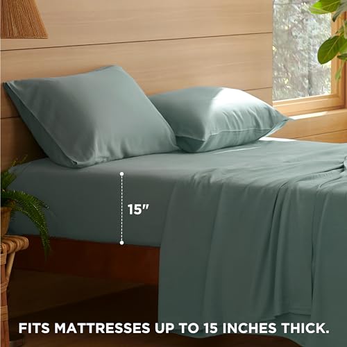 Bedsure Cooling Sheets for Queen Size Bed, 4 Pcs Blend of Rayon Derived from Bamboo Linen Sheets, 15" Deep Pockets, Silky Ultra Soft Breathable for Hot Sleepers - Blue
