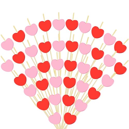 200 Pieces Valentine's Day Heart Toothpicks Cocktail Picks Assorted Handmade Red Pink Heart Fruits Bamboo Toothpicks for Valentine's Day Party Drink Fruit Dessert Food Appetizers Decoration