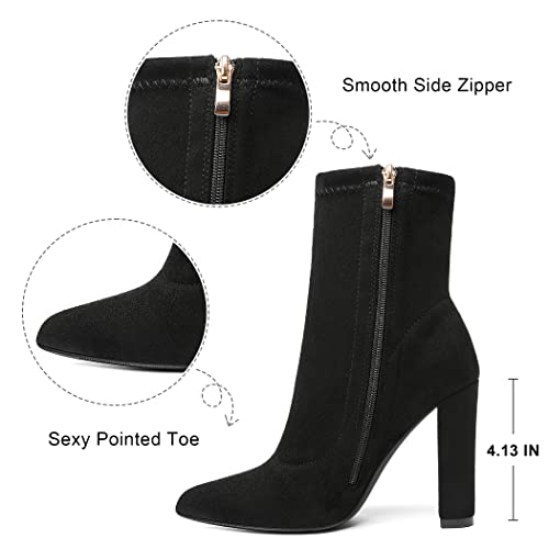 Black Sock Boots for Women Sock Booties Women's Heeled Boots Chunky Heel Boots Suede Ankle Boots Fall Winter Dress Boots Pointed Toe Mid Calf Booties High Heel Boots