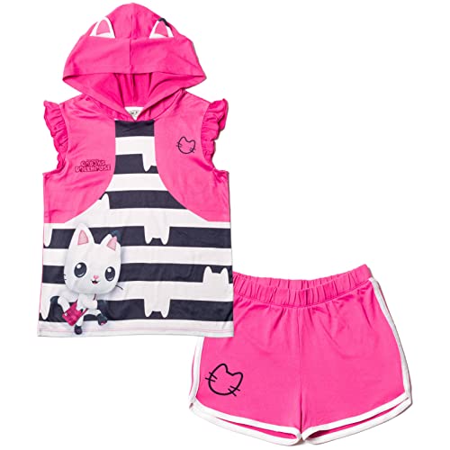 DREAMWORKS GABBY'S DOLLHOUSE Pandy Paws Toddler Girls Hooded Tank Top and Dolphin Shorts Outfit Set Multicolor/Pink 2T
