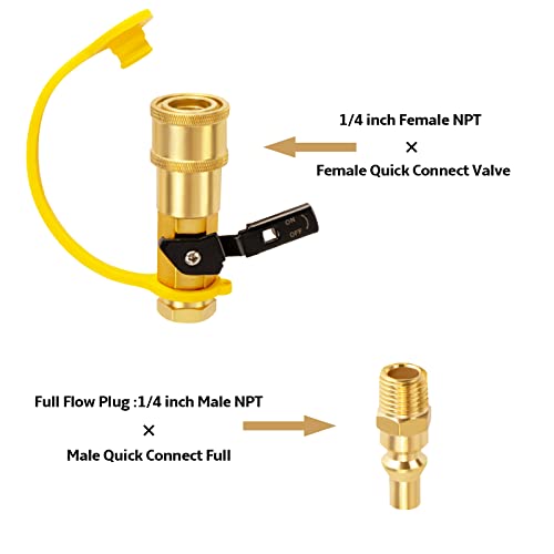 DozyAnt 1/4" RV Propane Quick Connect Adapter for Propane Hose, Propane or Natural Gas 1/4" Quick Connect or Disconnect Kit - Shutoff Valve & Full Flow Plug - 100% Solid Brass