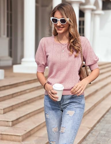 Tops for Women Trendy 2024 Puff Short Sleeve Sweaters Square Neck Crochet Knit Soft Summer Clothes Light Grey M