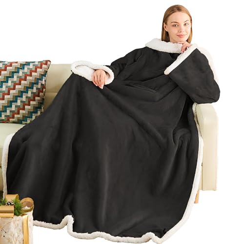 Ramees Sherpa Wearable Blanket with Sleeves and Pockets, Soft Warm TV Blanket Throw for Men and Women