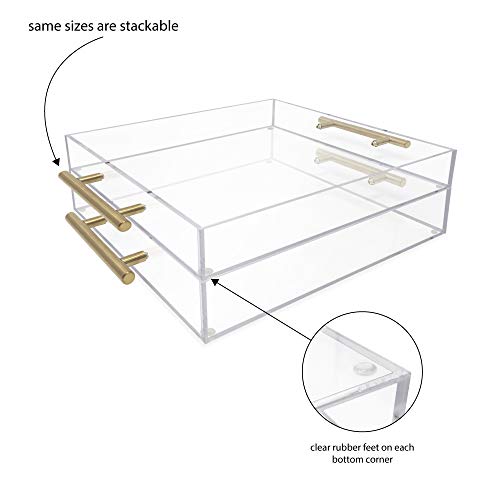Isaac Jacobs Clear Acrylic Serving Tray (12x12) with Gold Metal Handles, Spill-Proof, Stackable Organizer, Food & Drinks Server, Indoors/Outdoors, Lucite Storage Décor (12x12, Clear with Gold Handle)